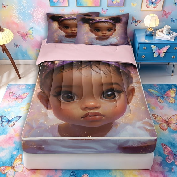 Castle Fairy Dreamy Black Girl Zipper Full Size Comforter Sets with Fitted Sheet and 2 Pillowcases,Star Crown Zipper Bedding Set,Purple,Pink Reversible,4pcs