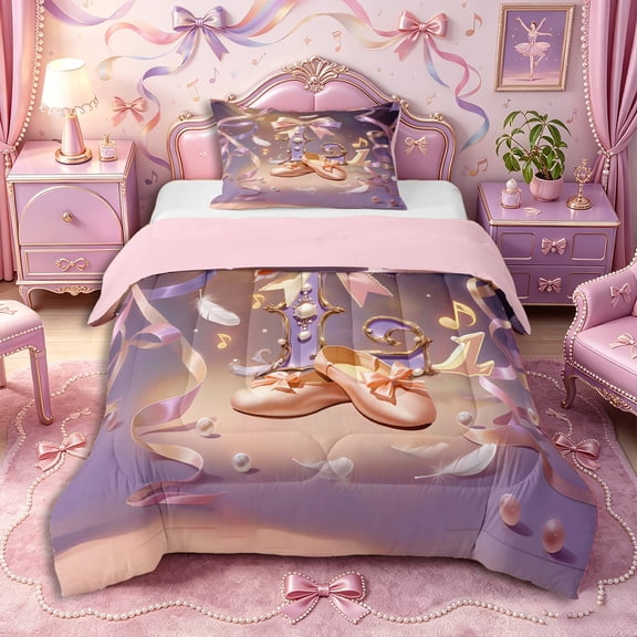 Castle Fairy Dreamy Bow Pearl Letter L Twin Comforter Sets 2pcs,Musical Notes Ballet Dance Bedding Set,Pale Gold Violet,1 Comforter and 1 Pillowcase