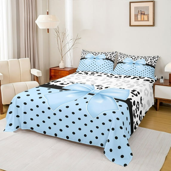 Castle Fairy Dreamy Bowtie Queen Sheet Sets for Teenagers Female Men,Leopard Print Bed Set