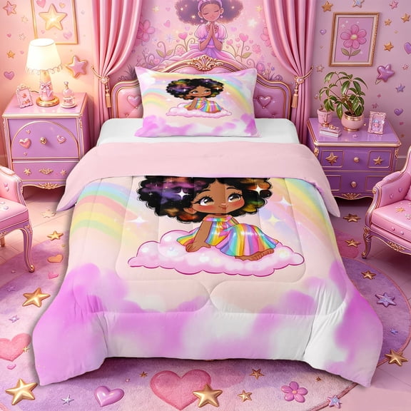 Castle Fairy Dreamy Cartoon Black Princess Twin Comforter Sets 2pcs,Sparkle Rainbow Cloud Bedding Set,Pink Rainbow,Pink Reversible,1 Comforter and 1 Pillowcase