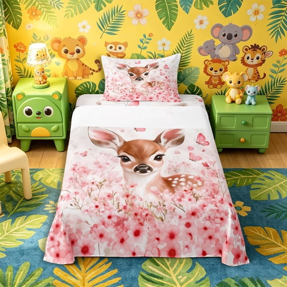 Castle Fairy Dreamy Cherry Blossom Deer Twin Sheets 3pcs,Cute Floral Animal Bedding,Pale Pink Cream,1 Fitted Sheet, 1 Flat Sheet and 1 Pillowcase
