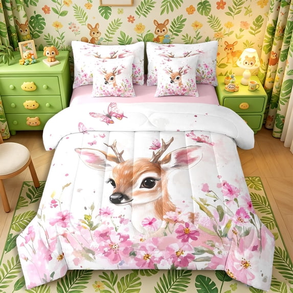 Castle Fairy Dreamy Flowers Deer Queen Bedding 7pcs,Kawaii Floral Daisy Butterfly Bedding Comforter Set Queen,Light Pink Mint,Pink Reversible