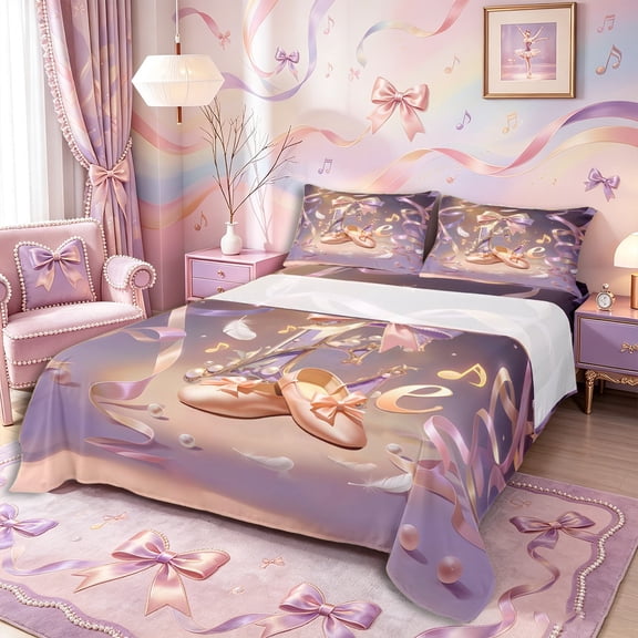 Castle Fairy Dreamy Initial E Queen Sheets 4 Pieces,Ribbon Bow Ballet Queen Sheet Sets,Blush Beige Mauve,1 Fitted Sheet, 1 Flat Sheet and 2 Pillowcases