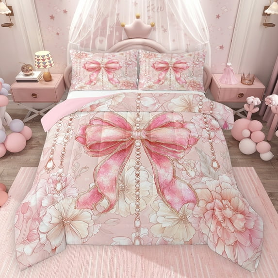 Castle Fairy Dreamy Jewelry Bow-Tie Bedding Comforter Set 2pcs for Child Teenagers Adults Female,Vintage Chic Flowers Twin Comforter Sets Microfiber,Kawaii Floral Bow Breathable Bedding Set