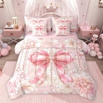 Castle Fairy Dreamy Jewelry Bow-Tie Twin Bedding Sets 7-Piece for Child Teenagers Adults Female,Vintage Chic Flowers Bedding Comforter Set Microfiber,Kawaii Floral Bow Breathable Sheet Sets