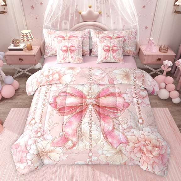 Castle Fairy Dreamy Jewelry Bow-Tie Twin Bedding Sets 7-Piece for Child Teenagers Adults Female,Vintage Chic Flowers Bedding Comforter Set Microfiber,Kawaii Floral Bow Breathable Sheet Sets