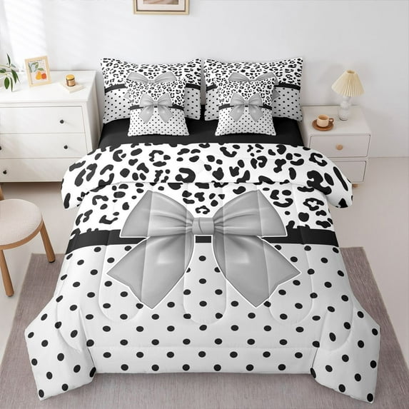 Castle Fairy Dreamy Ribbon Bowtie Bedding Comforter Set,Black Leopard King Bedding Sets