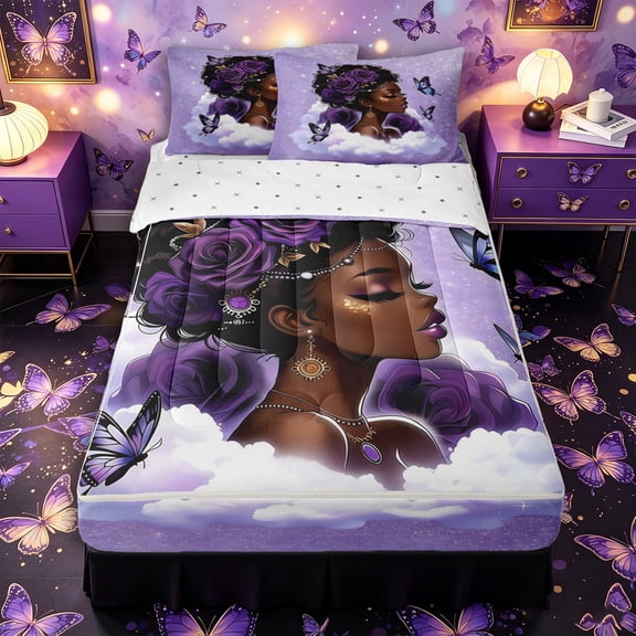 Castle Fairy Dreamy Woman With Purple Roses Zipper Twin Comforter Sets with Fitted Sheet and 2 Pillowcases,Sparkling Starry Sky Art Zipper Bedding Set,Violet White Gold,4-Piece