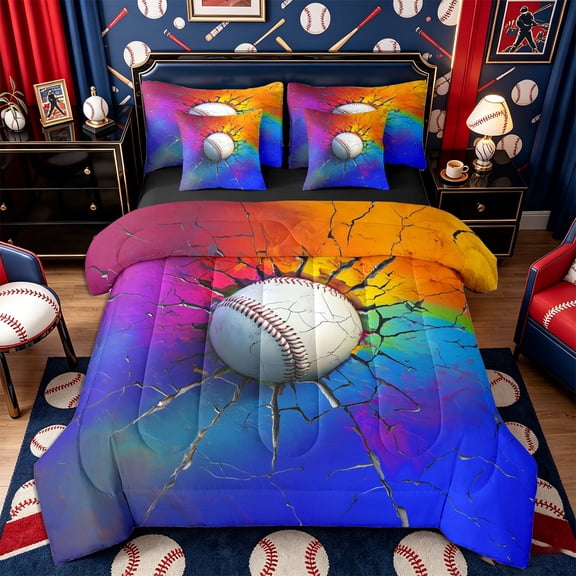 Castle Fairy Dynamic Baseball Twin Bedding 7-Piece, Cracked Wall Ball Bedding Comforter Set,Black Reversible