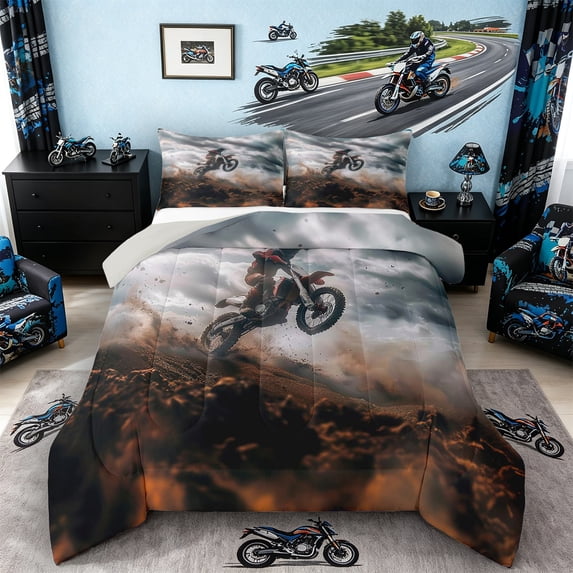 Castle Fairy Dynamic Dirt Bike Rider Queen Comforter Set 3pcs for Kids, Adventure Motocross Bedding Comforter Set for Modern Room, Brown Grey,Grey Reversible