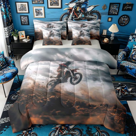 Castle Fairy Dynamic Dirt Bike Rider Twin Bedding Sets 7-Piece for Kids, Adventure Motocross Bedding Comforter Set for Modern Room, Brown Grey,Grey Reversible