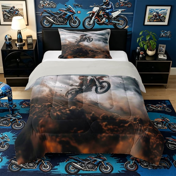 Castle Fairy Dynamic Dirt Bike Rider Twin Comforter Sets 3-Piece for Kids, Adventure Motocross Bedding Set for Modern Room, Brown Grey,Grey Reversible