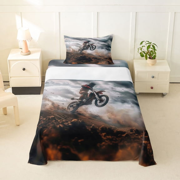 Castle Fairy Dynamic Dirt Bike Rider Twin Sheet Sets 3pcs for Kids, Adventure Motocross Bedding for Modern Room, Brown Grey