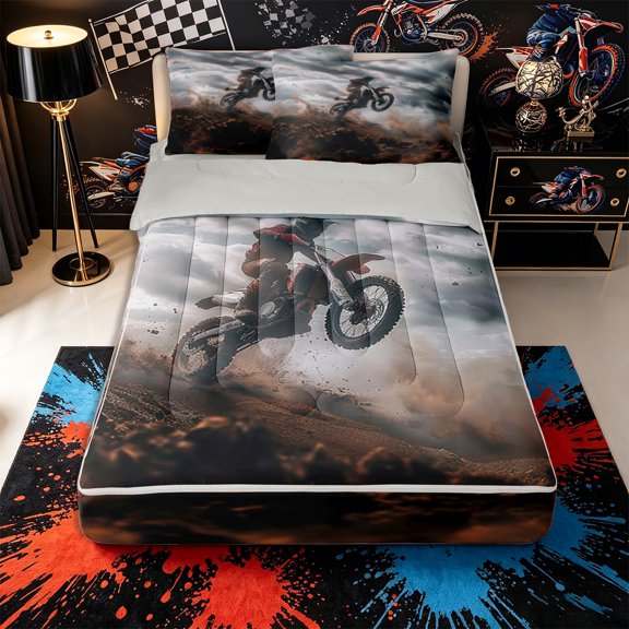 Castle Fairy Dynamic Dirt Bike Rider Zipper Twin Comforter Sets with Fitted Sheet and 2 Pillowcases,Adventure Motocross Zipper Bedding Set for Bedroom,Brown Grey,4-Piece,Grey Reversible