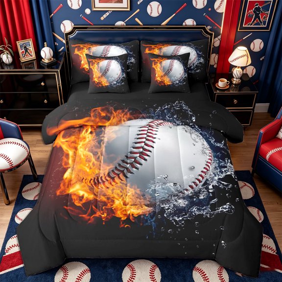 Castle Fairy Dynamic Fire-Water Baseball Twin Bedding 7-Piece, Sport Splash Effect Bedding Comforter Set, Red Orange Blue,Black Reversible