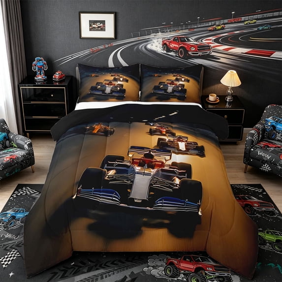 Castle Fairy Dynamic Night F1 Car Full Size Comforter Sets 3 Pieces for Teens, Racetrack Print Bedding Sets for Bedroom, Black Orange,Black Reversible