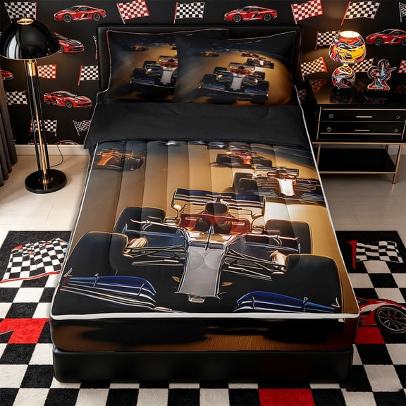 Castle Fairy Dynamic Night F1 Car Zipper Twin Comforter Sets with Fitted Sheet and 2 Pillowcases,Racetrack Print Zipper Bedding Set for Bedroom,Black Orange,4-Piece,Black Reversible