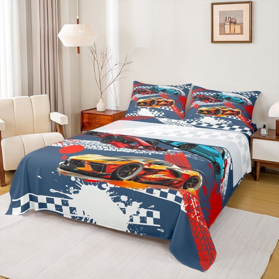 Castle Fairy Dynamic Race Cars Full Size Sheets 4-Piece for Teens, Striking Racing Vehicle Print Bed Sheets for Modern Room, Navy Blue
