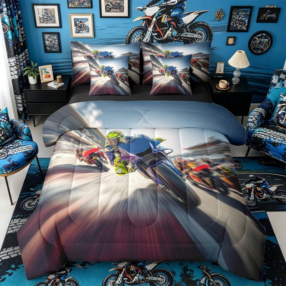 Castle Fairy Dynamic Racing Bike Bedding Comforter Set 7 Pieces for Teens, Motion Blur Circuit Full Bedding Set for Sport Bedroom, Blue Red,Black Reversible