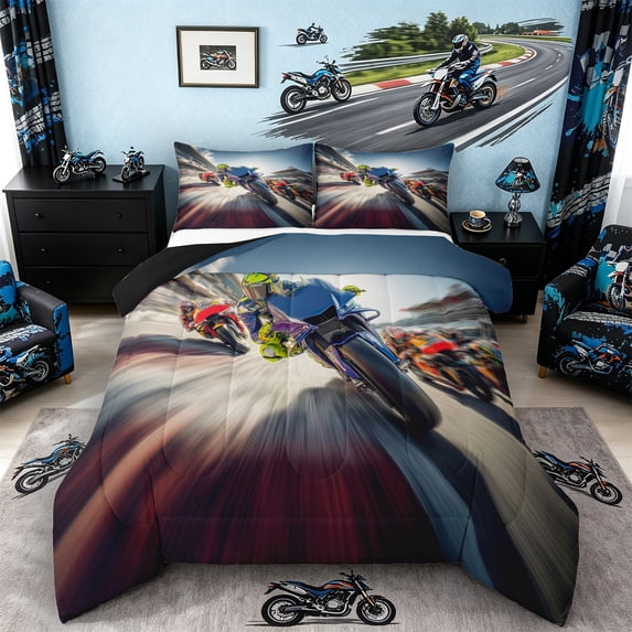 Castle Fairy Dynamic Racing Bike Full Size Comforter Sets 3 Pieces for Teens, Motion Blur Circuit Bedding Sets for Sport Bedroom, Blue Red,Black Reversible