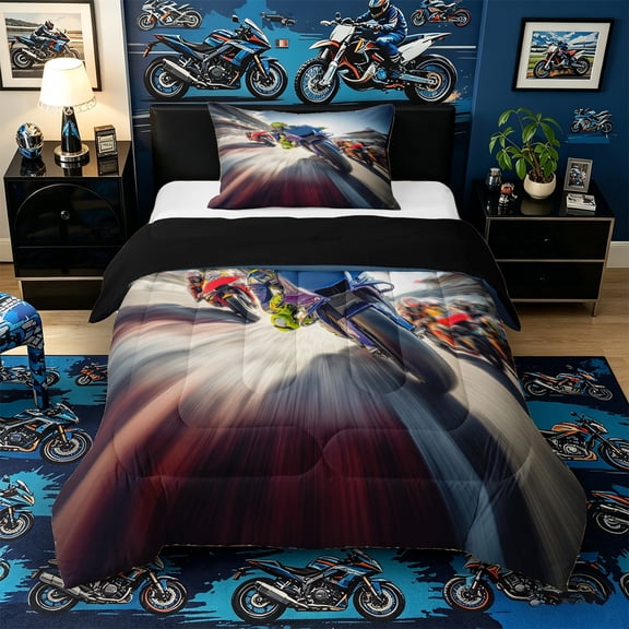 Castle Fairy Dynamic Racing Bike Twin Comforter Sets 3-Piece for Teens, Motion Blur Circuit Bedding Set for Sport Bedroom, Blue Red,Black Reversible