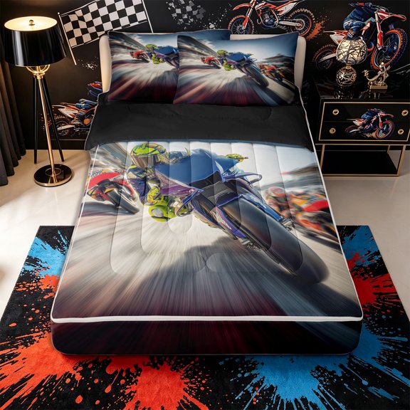 Castle Fairy Dynamic Racing Bike Zipper Twin Comforter Sets with Fitted Sheet and 2 Pillowcases,Motion Blur Circuit Zipper Bedding Set for Sport Bedroom,Blue Red,4-Piece,Black Reversible