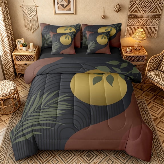 Castle Fairy Earthy Olive Leaf Bedding Comforter Set 7pcs for Couples, Abstract Moon Queen Bedding Sets for Master Bedroom, Brown and Gold,Black Reversible