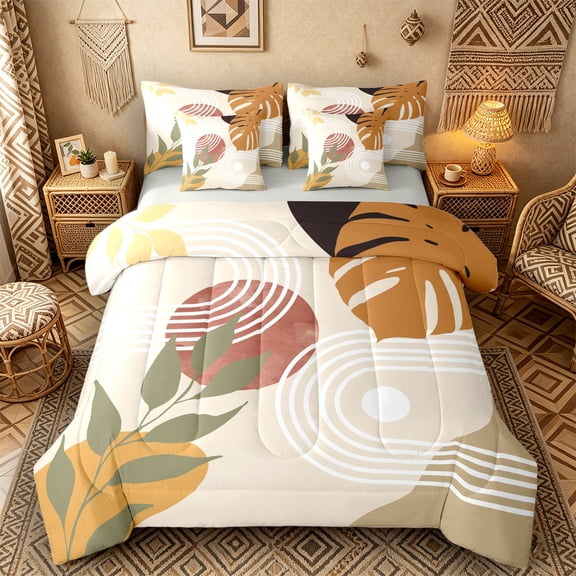 Castle Fairy Earthy Tropical Leaf Bedding Comforter Set 7-Piece for Teens, Abstract Print King Bedding Sets for Bedroom, Ochre Green,Grey Reversible