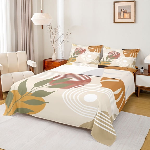 Castle Fairy Earthy Tropical Leaf Full Size Sheets 4-Piece for Teens, Abstract Print Bed Sheets for Bedroom, Ochre Green