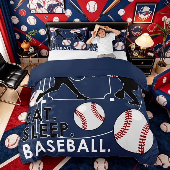 Castle Fairy Eat Sleep Baseball Bedding, Sport Theme Duvet Cover Full, Navy White,Navy Blue Reversible,3pcs,1 Duvet Cover and 2 Pillowcases