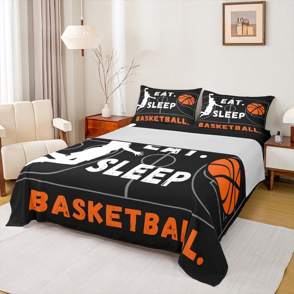 Castle Fairy Eat Sleep Basketball 3Pcs Twin Sheet Sets for Teens Boys,Sport Theme Twin Fitted Sheet,Ball Gamer Breathable Flat Sheet,Luxury Bedroom Decor