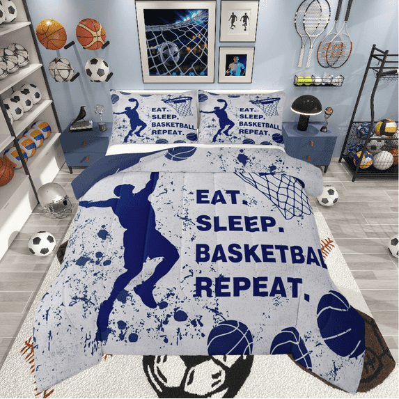 Castle Fairy Eat Sleep Basketball Boy 3-Piece Full Size Comforter Sets,Sport Theme Bedding Comforter Set,Hippie Splash Lightweight Bedding Sets,Lightweight Room Decor