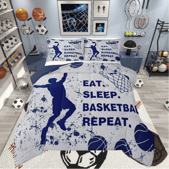 Castle Fairy Eat Sleep Basketball Boy 3-Piece Full Size Comforter Sets,Sport Theme Bedding Comforter Set,Hippie Splash Lightweight Bedding Sets,Lightweight Room Decor