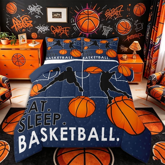 Castle Fairy Eat Sleep Basketball Queen Comforter Set 3 Pieces, Sport Ball Gamer Comforter Sets Queen, Navy Orange,Navy Blue Reversible,1 Comforter and 2 Pillowcases