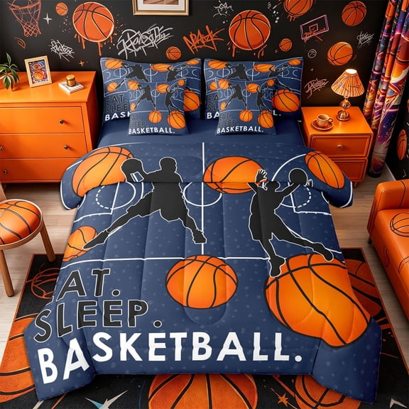 Castle Fairy Eat Sleep Basketball Twin Bedding 7-Piece, Sport Ball Gamer Bedding Comforter Set, Navy Orange,Navy Blue Reversible