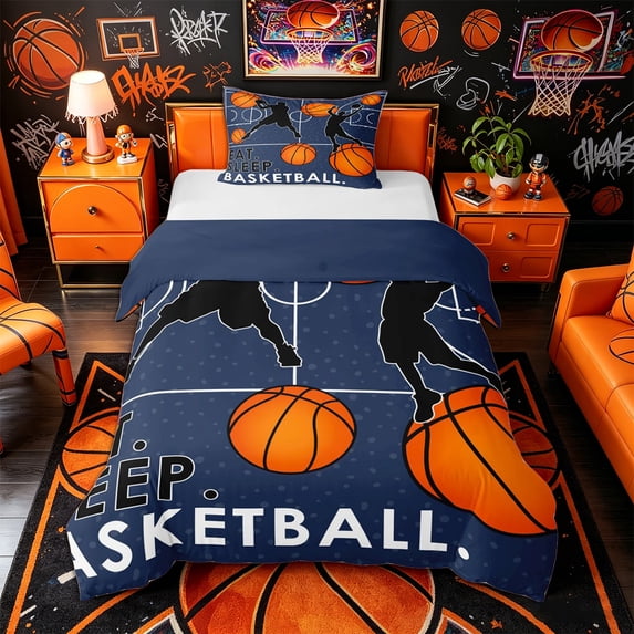 Castle Fairy Eat Sleep Basketball Twin Duvet Cover, Sport Ball Gamer Twin Bedding, Navy Orange,Navy Blue Reversible,2pcs,1 Duvet Cover and 1 Pillowcase