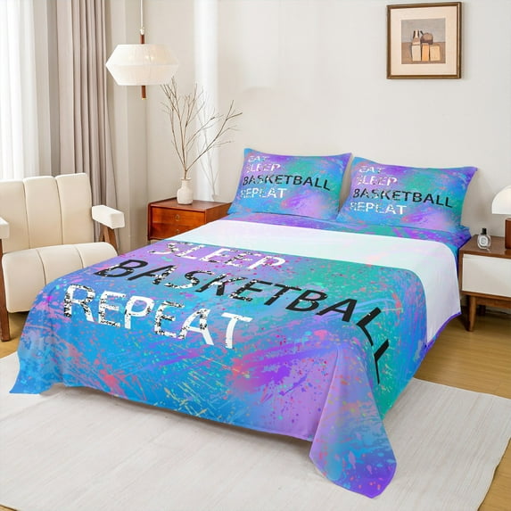 Castle Fairy Eat Sleep Basketball Twin Sheet Sets 3pcs for Children Teens Adults,Graffiti Splash Twin Fitted Sheet Microfiber,Gradient Blue Purple Green Breathable Flat Sheet,Breathable Home Decor