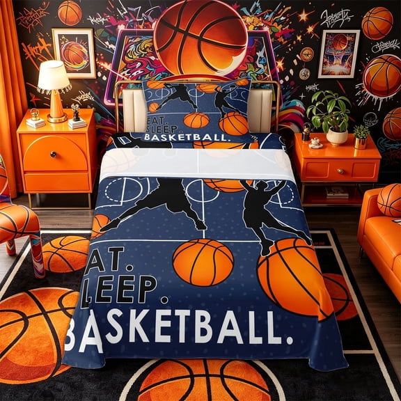 Castle Fairy Eat Sleep Basketball Twin Sheets 3pcs, Sport Ball Gamer Bedding, Navy Orange,1 Fitted Sheet, 1 Flat Sheet and 1 Pillowcase