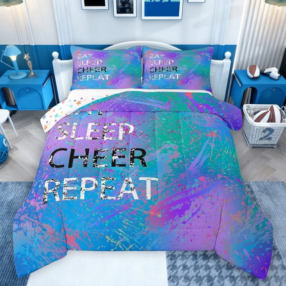 Castle Fairy Eat Sleep Cheet Team Bedding Comforter Set 2pcs for Boys Girls,Abstract Gradient Ombre Twin Comforter Sets Microfiber,Girly Dreamy Dance Breathable Bedding Set,Microfiber Bedroom Decor