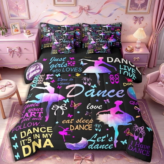 Castle Fairy Eat Sleep Dance Queen Bedding 7pcs,Gradient Butterfly Bow Bedding Comforter Set Queen,Black,Black Reversible