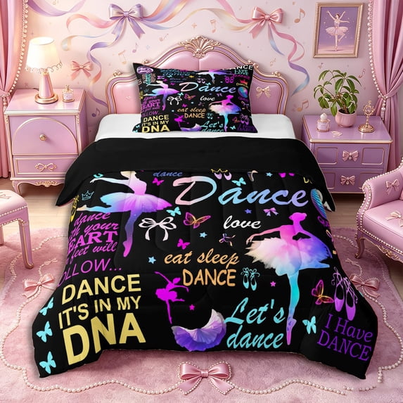 Castle Fairy Eat Sleep Dance Twin Comforter Sets 2pcs,Gradient Butterfly Bow Bedding Set,Black,Black Reversible,1 Comforter and 1 Pillowcase
