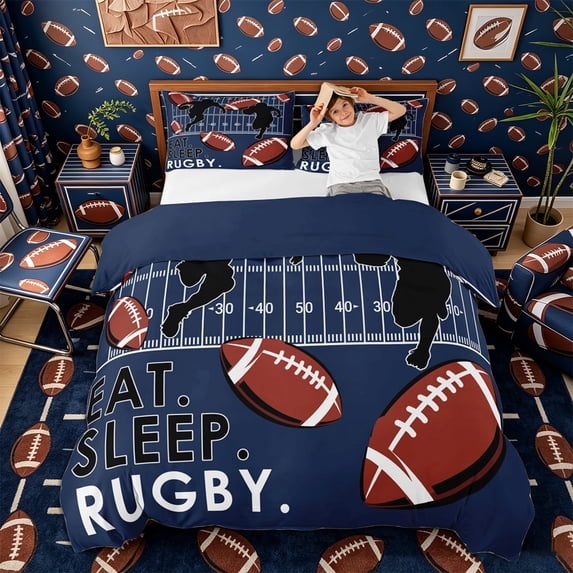 Castle Fairy Eat Sleep Football Bedding, Rugby Court Duvet Cover Full, Navy Brown,Navy Blue Reversible,3pcs,1 Duvet Cover and 2 Pillowcases