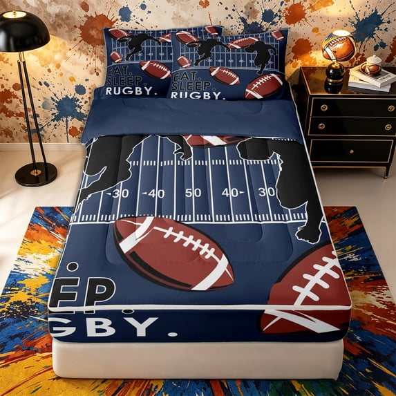 Castle Fairy Eat Sleep Football Zipper Full Size Comforter Sets with Fitted Sheet and 2 Pillowcases, Rugby Court Zipper Bedding Set, Navy Brown,4pcs,Navy Blue Reversible