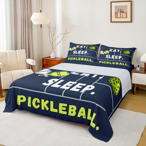 Castle Fairy Eat Sleep Pickleball Boy 3Pcs Twin Sheet Sets,Sport Game Twin Fitted Sheet,Ball Gaming Breathable Flat Sheet,Super Cozy Room Decor