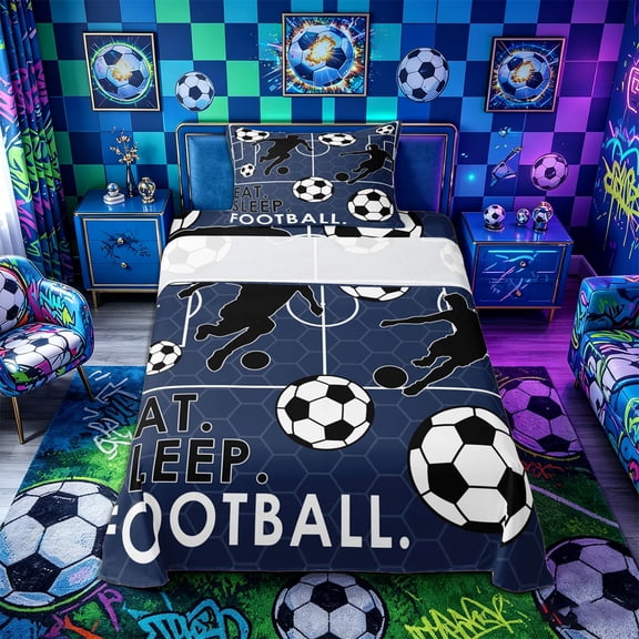 Castle Fairy Eat Sleep Soccer Twin Sheets 3pcs, Sport Theme Hexagon Bedding, Navy Black,1 Fitted Sheet, 1 Flat Sheet and 1 Pillowcase