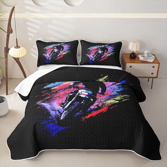 Castle Fairy Edgy Dirt Cycle Quilt King for Boys,Color Smudge Design King Coverlet Set for Bedroom,Indigo Rose