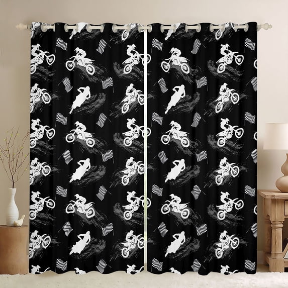 Castle Fairy Edgy Motocross Silhouette Curtains Pack of 2 (42x84 Each) for Youth, Checkered Flag Bike Curtains Blackout for Bedroom, Black White