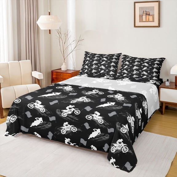 Castle Fairy Edgy Motocross Silhouette Full Size Sheets 4-Piece for Youth, Checkered Flag Bike Bed Sheets for Bedroom, Black White