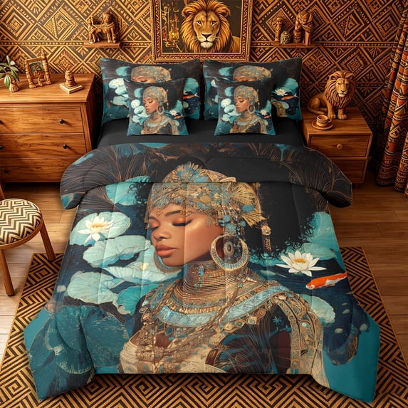 Castle Fairy Elegant African Queen Twin Bedding 7-Piece,Serene Lotus Koi Fish Bedding Comforter Set,Teal Gold White,Black Reversible