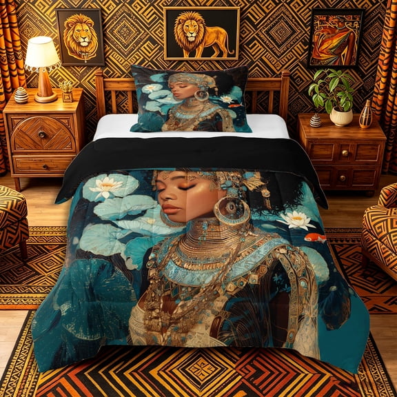 Castle Fairy Elegant African Queen Twin Comforter Sets 2pcs,Serene Lotus Koi Fish Bedding Set,Teal Gold White,Black Reversible,1 Comforter and 1 Pillowcase